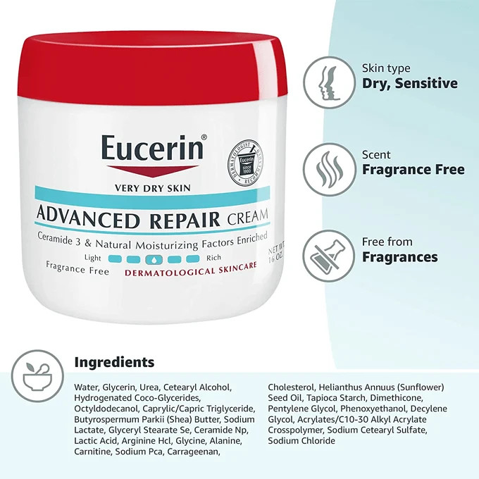 کرم ترمیم کننده پیشرفته یوسیرین اصل eucerin مخصوص پوست های خیلی خشک مرطوب کننده صورت بدن حجم 454 میل