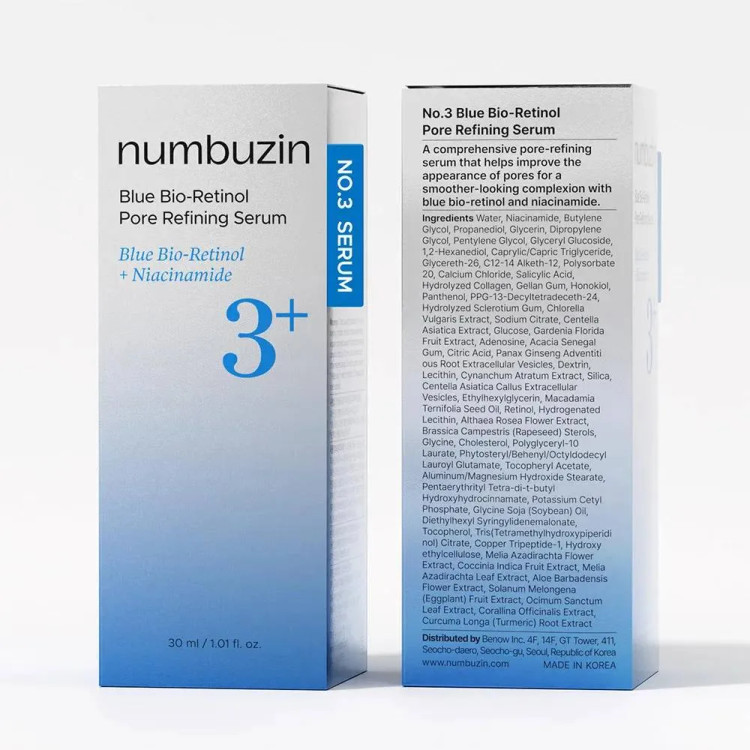 سرم رتینول شماره 3 نامبوزین اصل Numbuzin Blue Bio Retinol | پاکسازی عمیق و کوچک کننده منافذ باز حجم 30 میل