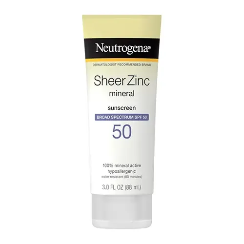ضد آفتاب فیزیکی زینک اکساید نوتروژینا اصل Neutrogena مدل SPF 50 Sheer Zinc Mineral حجم 88 میل
