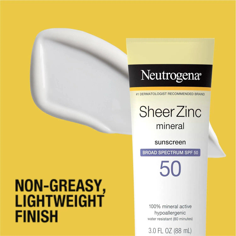 ضد آفتاب فیزیکی زینک اکساید نوتروژینا اصل Neutrogena مدل SPF 50 Sheer Zinc Mineral حجم 88 میل