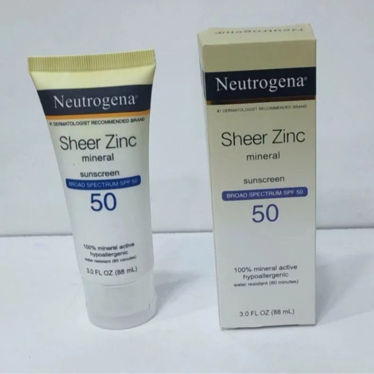 ضد آفتاب فیزیکی زینک اکساید نوتروژینا اصل Neutrogena مدل SPF 50 Sheer Zinc Mineral حجم 88 میل