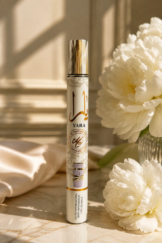 عطر قلمی اماراتی یارا اصل سفید با رایحه شیرین، استوایی، میوهای ماندگاری عالی حجم ۳۵ میل