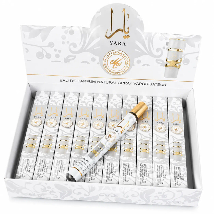 عطر قلمی اماراتی یارا اصل سفید با رایحه شیرین، استوایی، میوهای ماندگاری عالی حجم ۳۵ میل