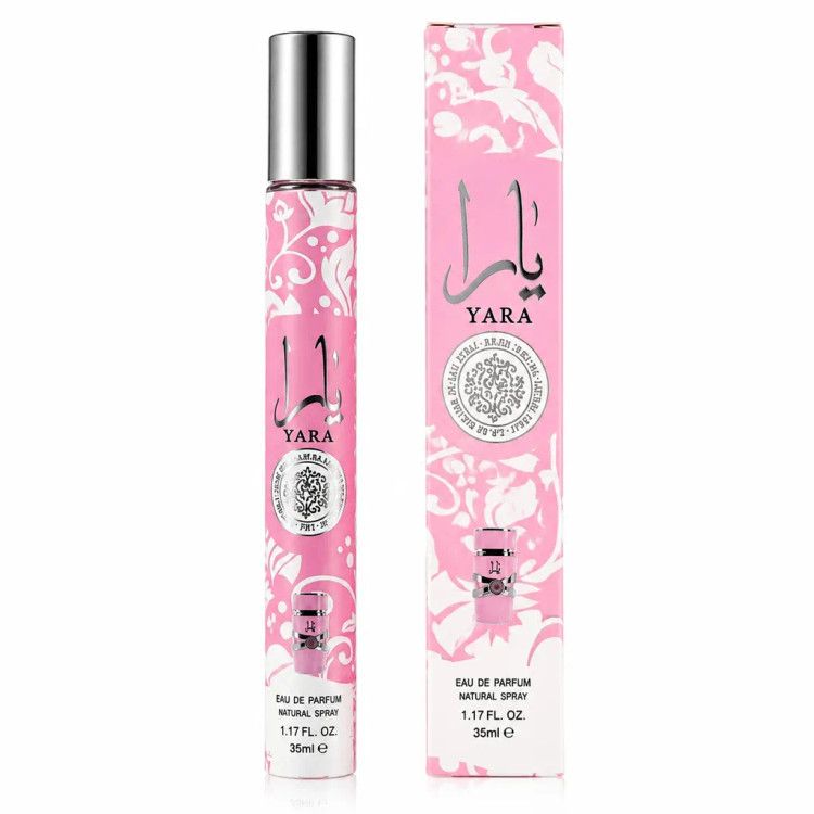 عطر قلمی اماراتی یارا اصل صورتی با رایحه مارشمالو ماندگاری عالی حجم ۳۵ میل
