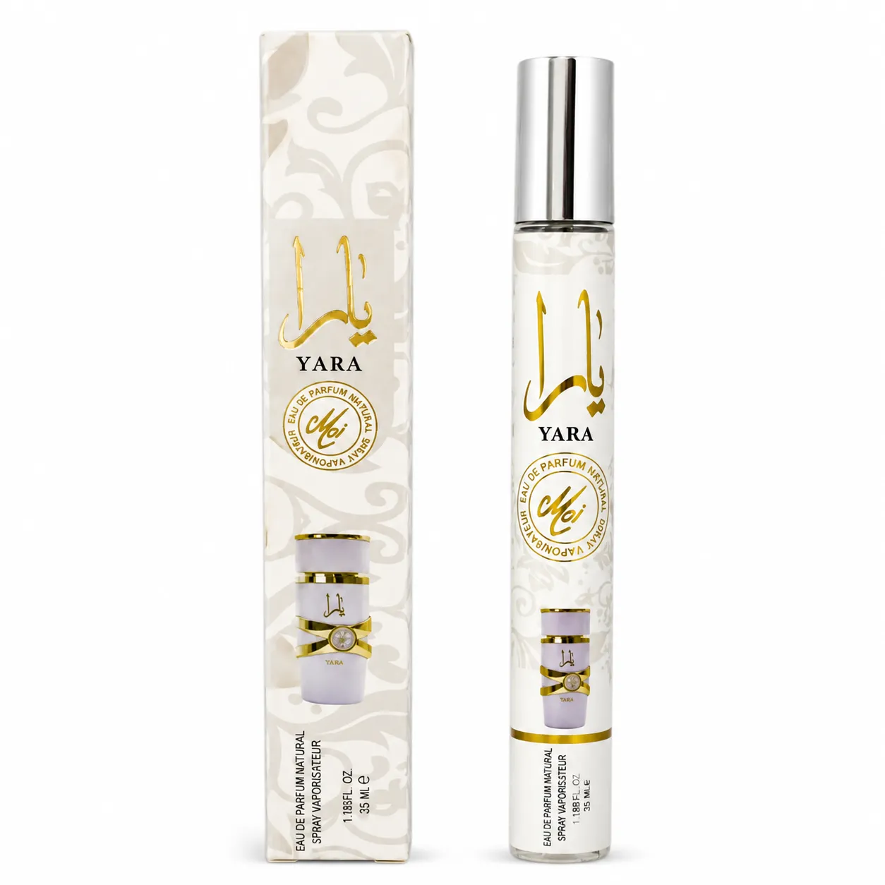 عطر قلمی اماراتی یارا اصل سفید با رایحه شیرین، استوایی، میوه‌ای ماندگاری عالی حجم ۳۵ میل