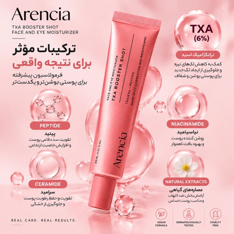 بوستر شات آرنسیا TXA اصل Arencia - روشن کننده و ضد لک حاوی ترانگزامیک اسید ۵٪ حجم 30 میل