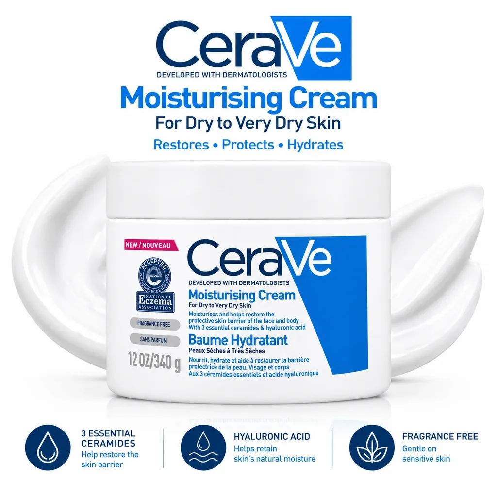 کرم مرطوبکننده و آبرسان قوی سراوی اصل مدل CeraVe Moisturising مناسب پوست خشک،حساس و مستعد اگزما حجم ۳۴۰ گرم